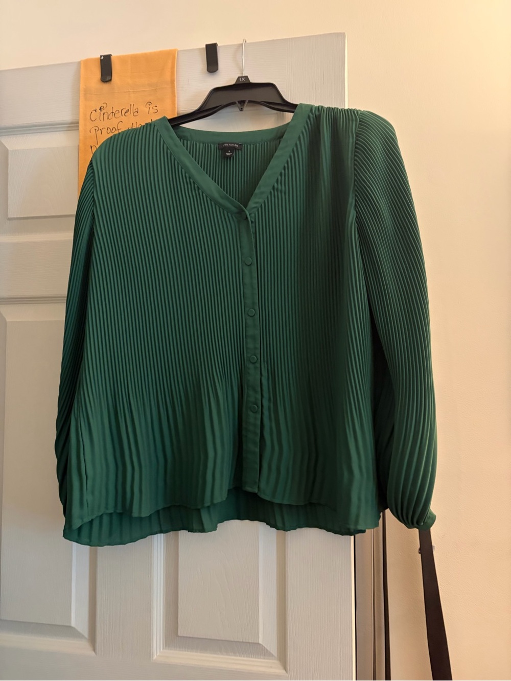 Ann Taylor Forest Green Pleated V-Neck Button Blouse